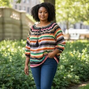 Lauren Ralph Lauren Women's 2X Boho Striped Peasant Top Tassel Neck Multicolor